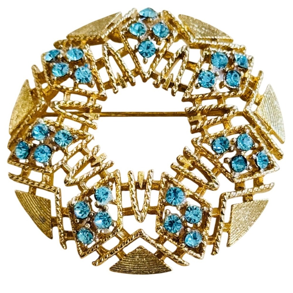 VTG Lisner Star Snowflake Brooch Pin gold Burst Blue rhinestone Jeweled 60s